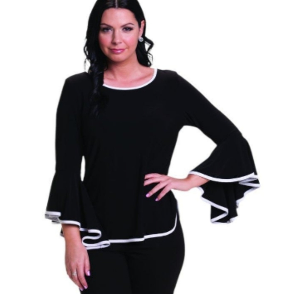 Coco Bianco Tiered Bell Sleeve Blouse 1X Black/White